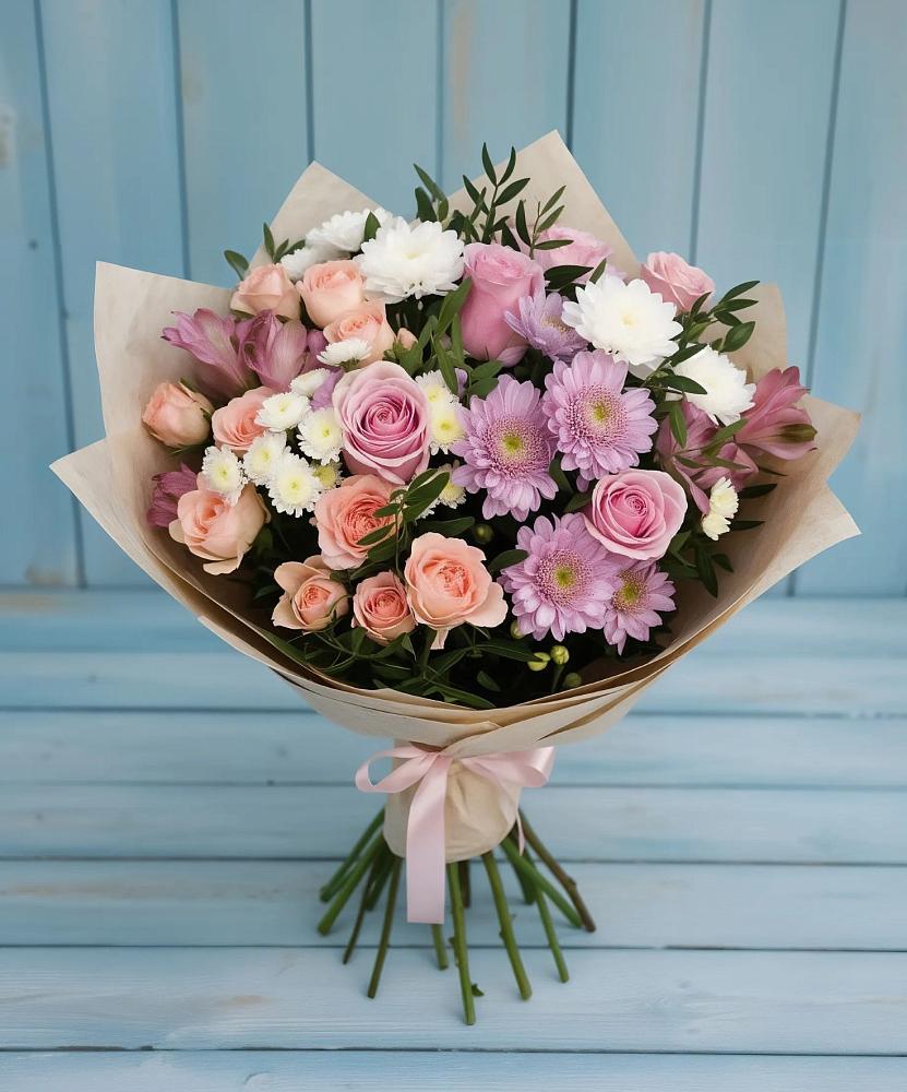 Букет цветов из: Хризантемы, Розы и Альстромерии в Решетниково