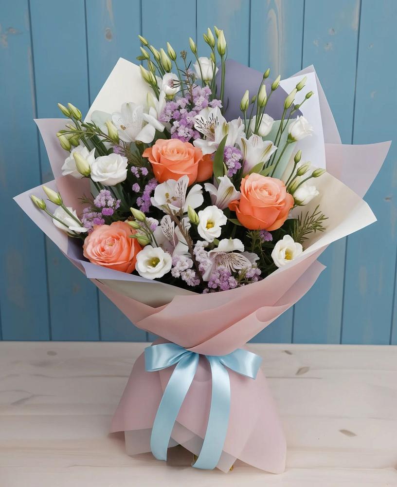 Букет цветов из: Лизиантусы, Розы, Альстромерии и Гипсофила в Решетниково