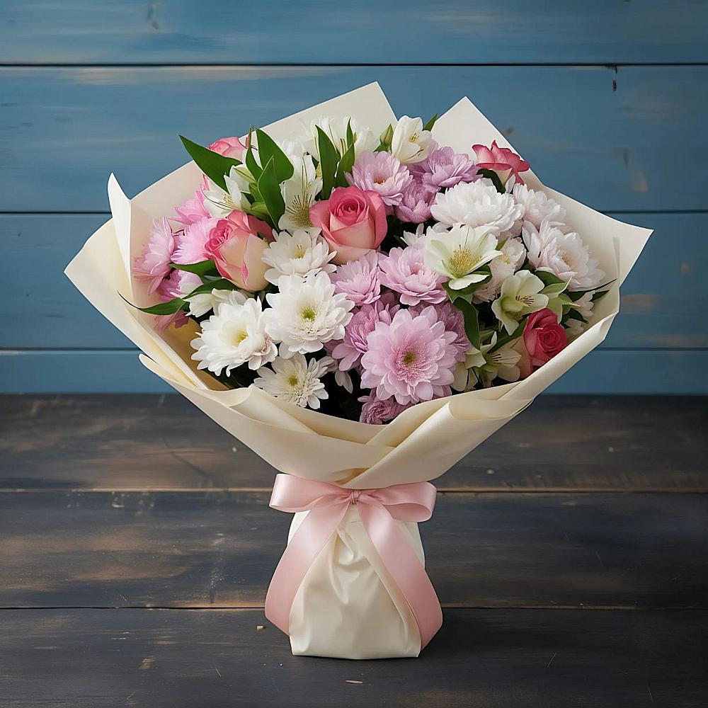 Букет цветов из: Хризантемы, Альстромерии и Розы в Решетниково